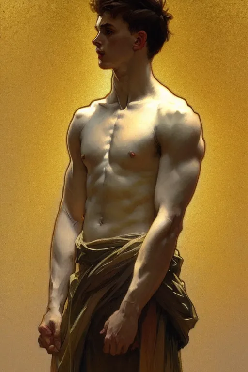 Prompt: full figure young man, luminous scene, by greg rutkowski and alphonse mucha, gradient white to gold, highly detailed portrait, digital painting, artstation, concept art, smooth, sharp focus illustration, artstation hq