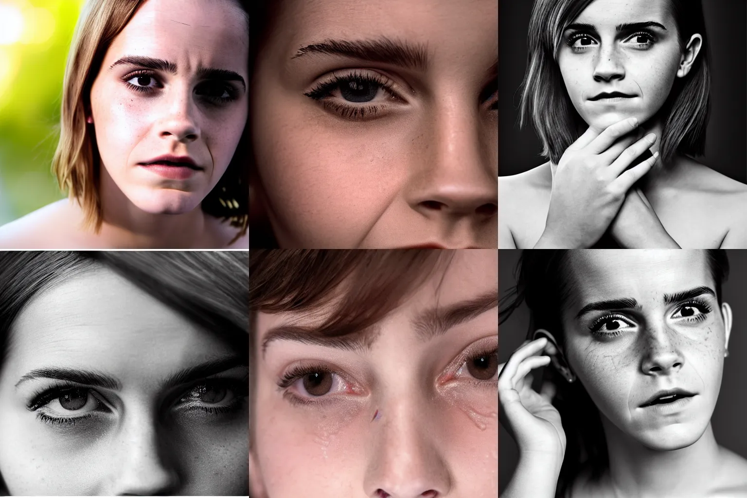 Prompt: Emma Watson, tears, crying, emotional, headshot, close-up, studio lighting, 200mm, canon, f/22