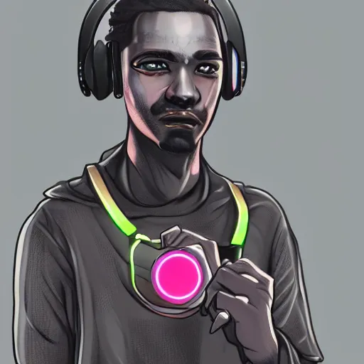 Prompt: cyberpunk black man at 20s with short hair, tiny thin mustache, thin face, wearing headphones, neon eyes, holding a big camera, character concept art