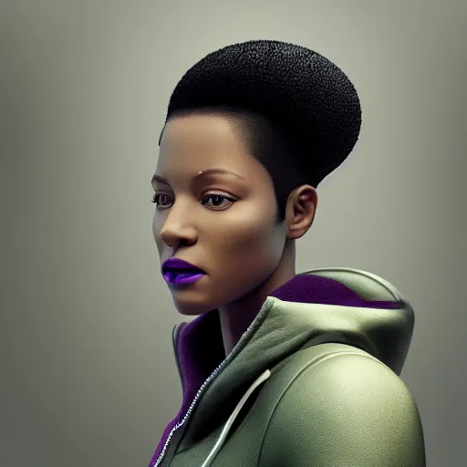 Prompt: black woman, hairstyle = short bob!!!, hair colour = light grey!!!, eyes = purple, wearing dark green bomber jacket, realistic 4 k octane beautifully detailed render, 4 k post - processing, highly detailed, intricate complexity, epic composition, magical atmosphere, cinematic lighting, masterpiece, ultra hd