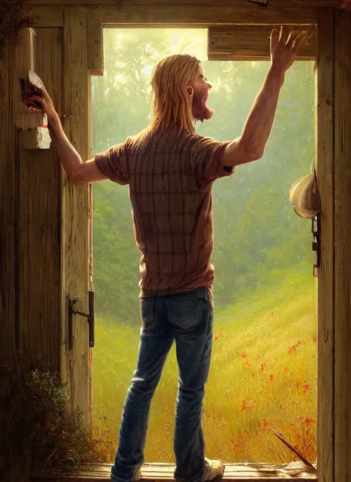 Prompt: highly detailed hyperrealistic painting of a short hillbilly with long blonde hair standing in front of his porch yelling at his friend, bonfire, stephen bliss, art by greg rutkowski, loish, rhads, ferdinand knab, makoto shinkai and lois van baarle, tom bagshaw, photo, portrait, global illumination, artstation