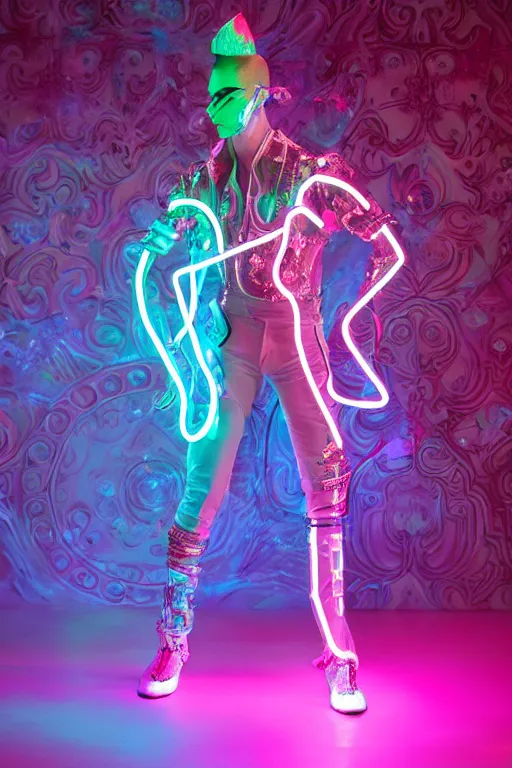 Image similar to full-body neon porcelain baroque tron style sculpture of four young royal dancers Kazaky as a high-fashion half-robot wearing retro shades with a porcelain body with an opening exposing a corrupted battery leaking blue glowing radioactive liquid, electric sparks, glowing violet laser beam eyes, crown of giant rubies, flowing pink and orange neon-colored glitched silk, luminescent fabrics, mechanical raptors. baroque and steampunk elements. full-length view. baroque element. intricate artwork by caravaggio. Very very very very highly detailed epic photo of face. Trending on artstation, octane render, cinematic lighting from the right, hyper realism, octane render, 8k, depth of field, 3D