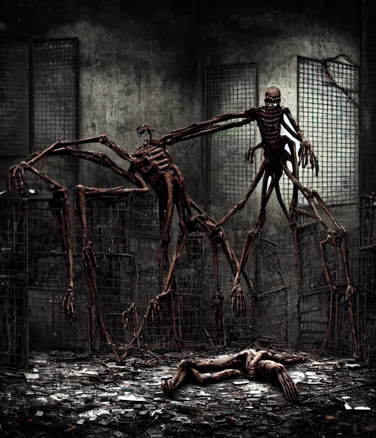 Image similar to Creepy huge suffering humanoid with long limbs sits on the floor and looks at the little old TV. An underground very dark gloomy multi-layered structure of rusty thick iron grates, dense chain-link fencing and peeling walls. Inside view, collapsed floors, bent rusted iron, masterpiece, black background, corners, cinematic, hyperdetailed, photorealistic, hyperrealism, octane render, 8k, depth of field, bokeh, architecture, shadows, art by Zdzisław Beksiński, Dariusz Zawadzki