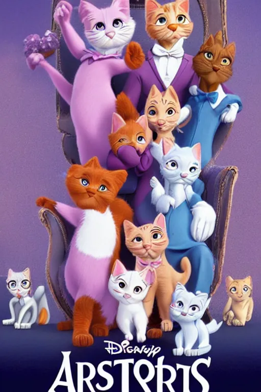 Image similar to aristocats movie poster, cgi, cinema, realistic, cats, disney film