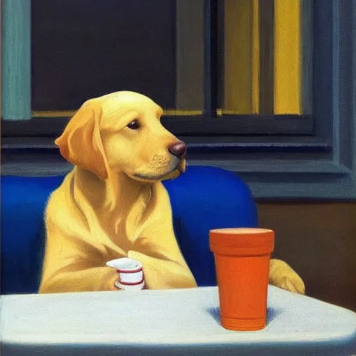 Image similar to golden retriever puppy sitting at a diner drinking a cup of coffee, looking melancholy, Edward Hopper