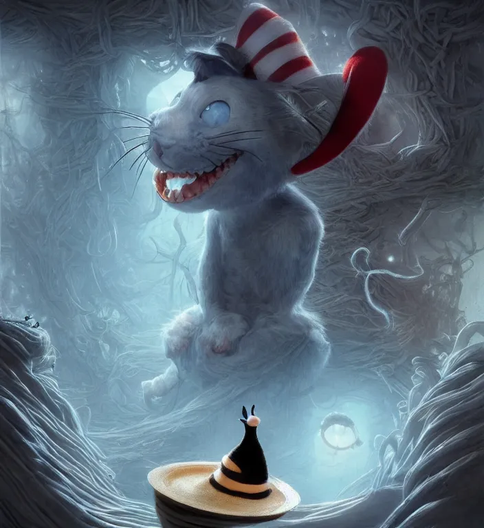 Image similar to complex 3 d render, hyper detailed, ultra sharp, of the cat in the hat, scary, cosmic horror, cinematic, natural soft light, rim light, art by greg rutkowski and artgerm and moebius, dr seuss