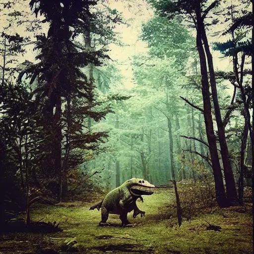 Image similar to “a Tyrannosaurus rex walking through a prehistoric forest”