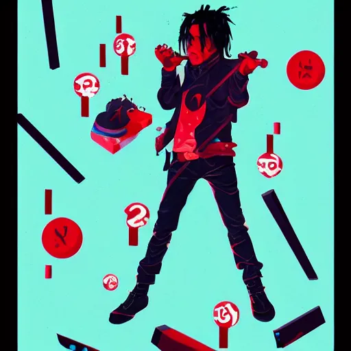 Image similar to Playboi Carti and Lil Uzi Vert, Ninja Scrolls, Geometric 3d shapes, Gang, Pistol, Blood, red smoke, by Sachin Teng, Trending on artstation