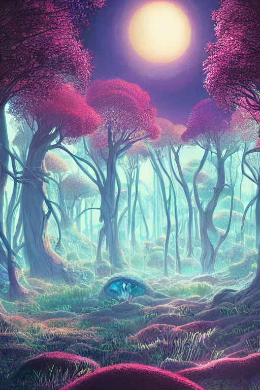 Image similar to concept art painting of an alien world with mushroom forests, artgerm, moebius, inio asano, toon shading, cel shading, calm, tranquil, vaporwave colors,