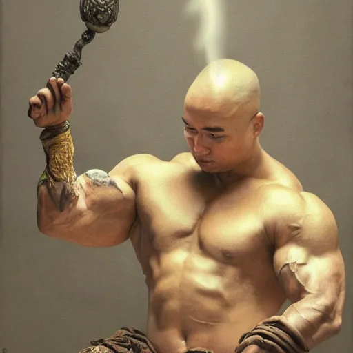 Prompt: bodybuilder turtle wearing a monk robes holding incense burner. natural lighting by ruan jia, portrait