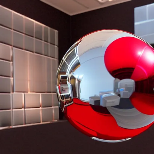 Prompt: chrome spheres on a red cube, natural lighting