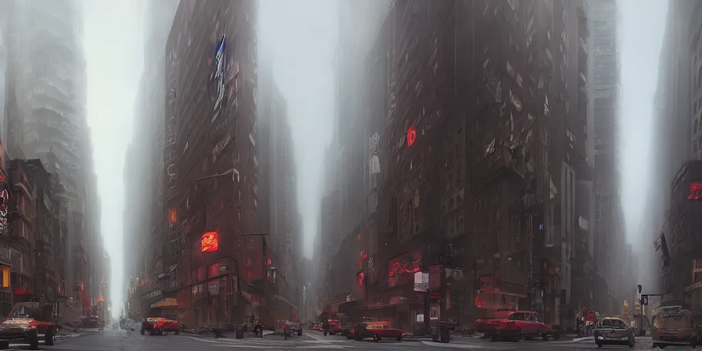 Image similar to a street at new york city, foggy evening, matte painting, studio ghibli, artstation