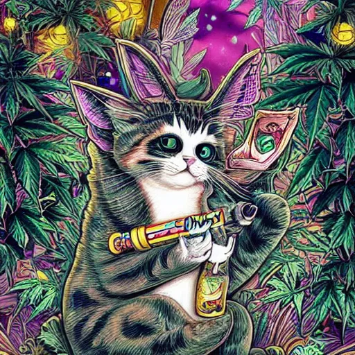 Prompt: ”happy smiling cat holding a marifuana joint while sitting high on a sofa, marijuana leaves swirling in the background, [ultra detailed, contrast, ornate and intricate, art by joe fenton]”