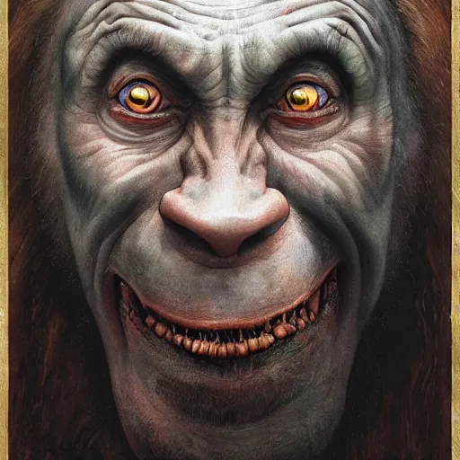 Image similar to vladimir putin, putin is bald prehistoric primate caveman, reptiloid reptile eyes, toothless, missing teeth, horror macabre face, clown nose, by donato giancola and greg rutkowski and wayne barlow and zdzisław beksinski, realistic face, digital art