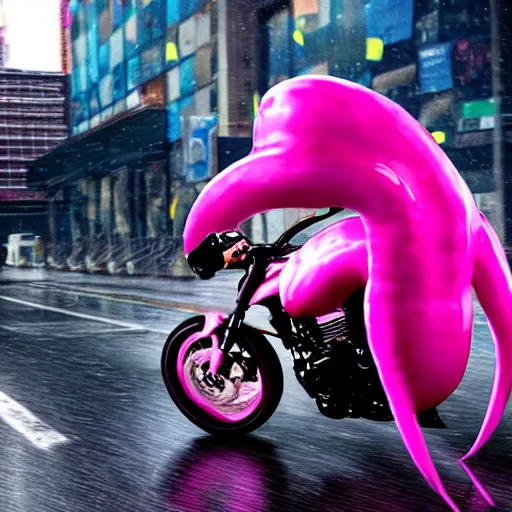Prompt: hyper realistic, photo, humanoid pink female Squid girl, popping motorcycle wheelie on fast in the rainy city traffic