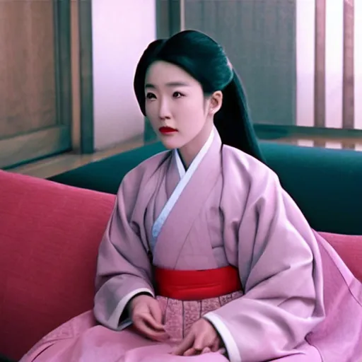 Prompt: Choi Eun-hee in a hanbok sitting on a couch, a starfish monster's arm coming through the window, minimal cinematography by Akira Kurosawa, movie filmstill, film noir, thriller by Kim Jong-il and Shin Sang-ok, abstract occult epic composition