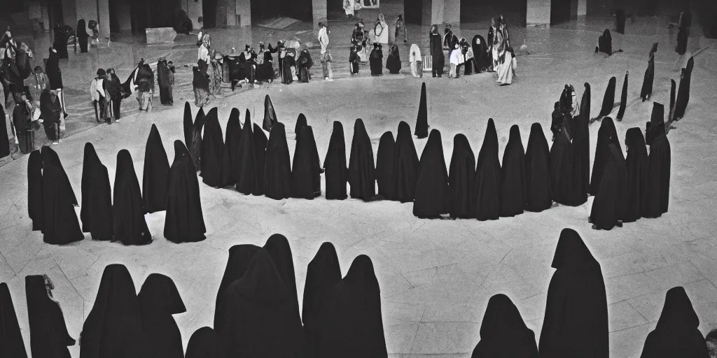 Image similar to black robed and hooded people stand around in a circle calling forth an eldritch horror, old film, 35mm film, found film, scary, ominous, frightening, ghastly, photorealistic