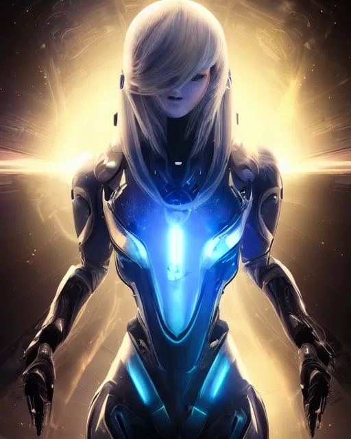 Image similar to photo of a android girl on a mothership, warframe armor, beautiful face, scifi, nebula, futuristic background, galaxy, raytracing, dreamy, focused, sparks of light, pure, long white hair, blue cyborg eyes, glowing, 8 k high definition, insanely detailed, intricate, innocent, art by akihiko yoshida, li zixin, woo kim