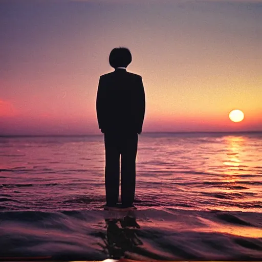 Image similar to a japanese man wearing a beige suit and black pants standing in the ocean, sunset, night, wide shot, tatsuro yamashita, album cover, 1981, grammy award winning