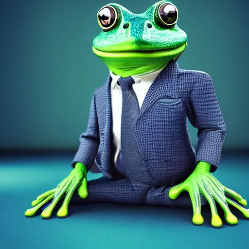 Image similar to Octane render professional portrait of an anthropomorphic blue frog wearing a suit sitting in an office, 8k, very intricate, very detailed,