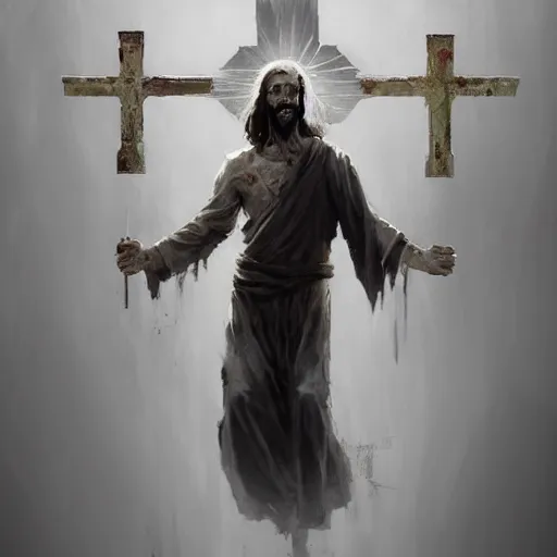 Prompt: zombie jesus christ with cross, greg rutkowski, trending on artstation,