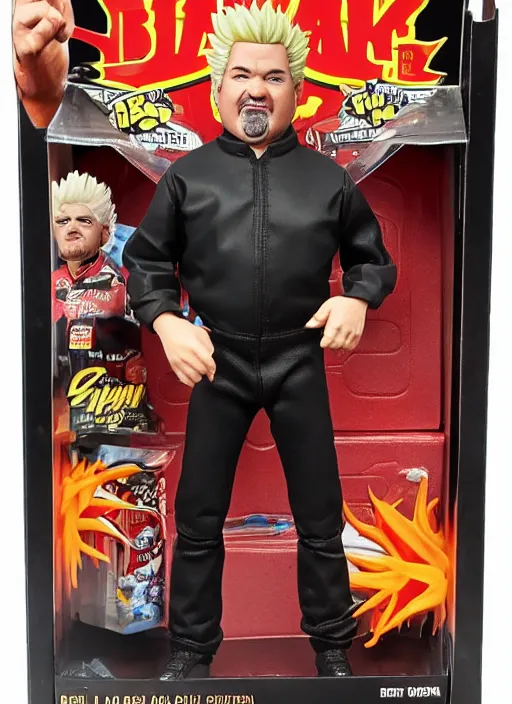 Image similar to black series action figure of guy fieri with barfing action, pristine box, toy still in package, ebay, extremely detailed