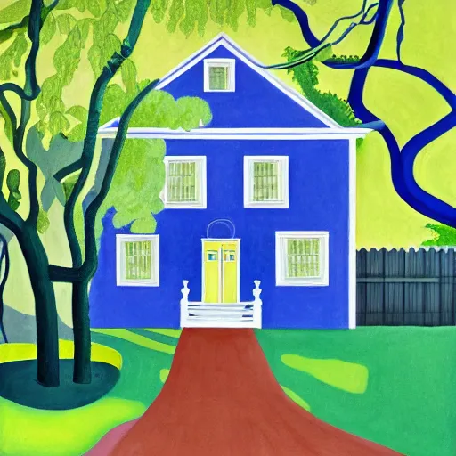 Image similar to a painting of a blue house under a tree, a gouache by charles e. burchfield, behance contest winner, american scene painting, storybook illustration, photoillustration, detailed painting