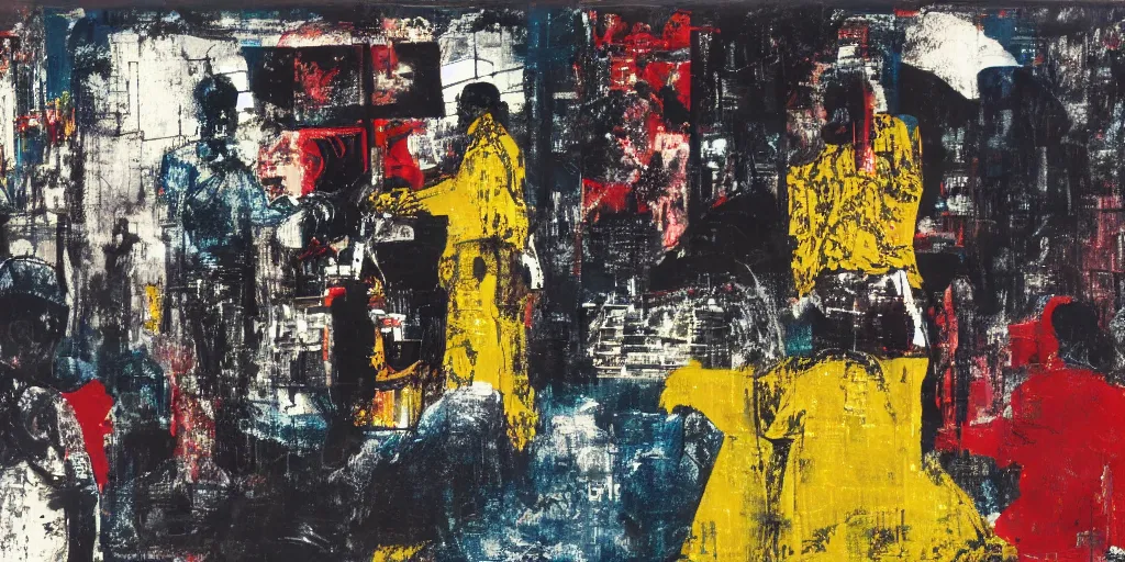 Image similar to robot in Ajegunle slum of Lagos conversing with African Jesus Christ about beauty under a large UFO beaming a neon ray, painting by Robert Rauschenberg, in the style of Estate (1963), oil and silk screen on canvas,