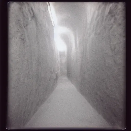 Image similar to a dark and narrow glacier tunnel, dark, creepy, eerie, unsettling, terrifying, old polaroid, expired film, deep,