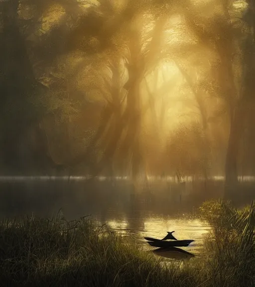 Prompt: three crows in a little boat in a swamp, volumetric lighting, majestic light, octane render, ethereal glare of the sun, hyperrealistic, epic, masterpiece, by greg rutkowski