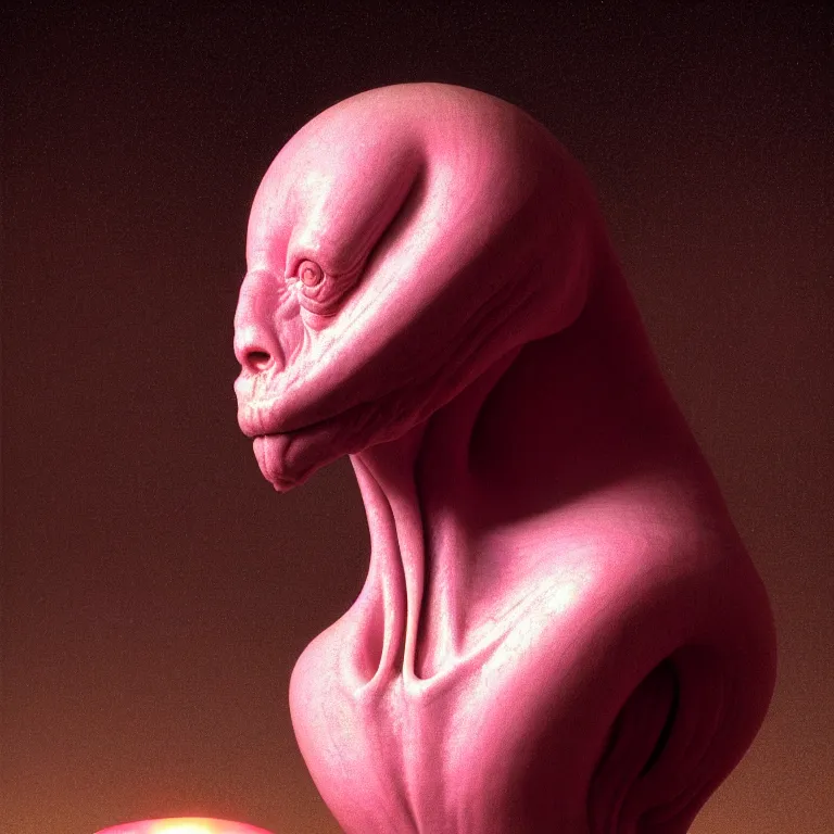 Image similar to closeup portrait of a ribbed pink alien by hieronymus bosch, soft glow bloom lucid dream - like ethereal atmosphere, baroque portrait painting, perfect composition, beautiful intricate detailed octane render trending on artstation, 8 k artistic photography, volumetric cinematic perfect light, chiaroscuro, masterpiece, raphael, caravaggio, rutkowski, beeple, beksinski