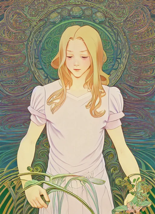 Image similar to pretty young man with shoulder length blond hair, half body shot, path traced, highly detailed, high quality, digital painting, by studio ghibli and alphonse mucha, leesha hannigan, hidari, disney, art nouveau, chiho aoshima