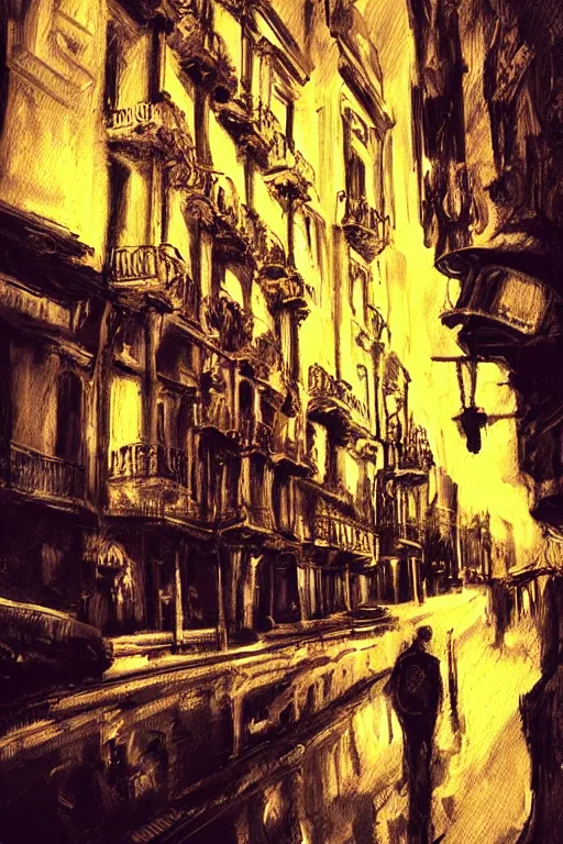 Image similar to sevilla city, art by neil gaiman, trending on artstation, dark atmospheric lighting front view synthwave, street art, fisheye lens, magic realism, eclecticism