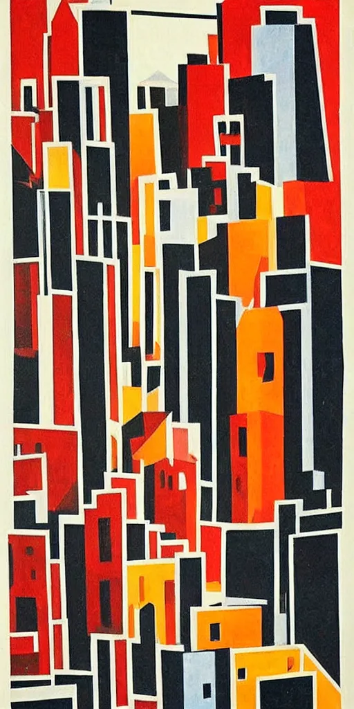 Prompt: The tall buildings that are crumbling, Fortunato Depero painting style.