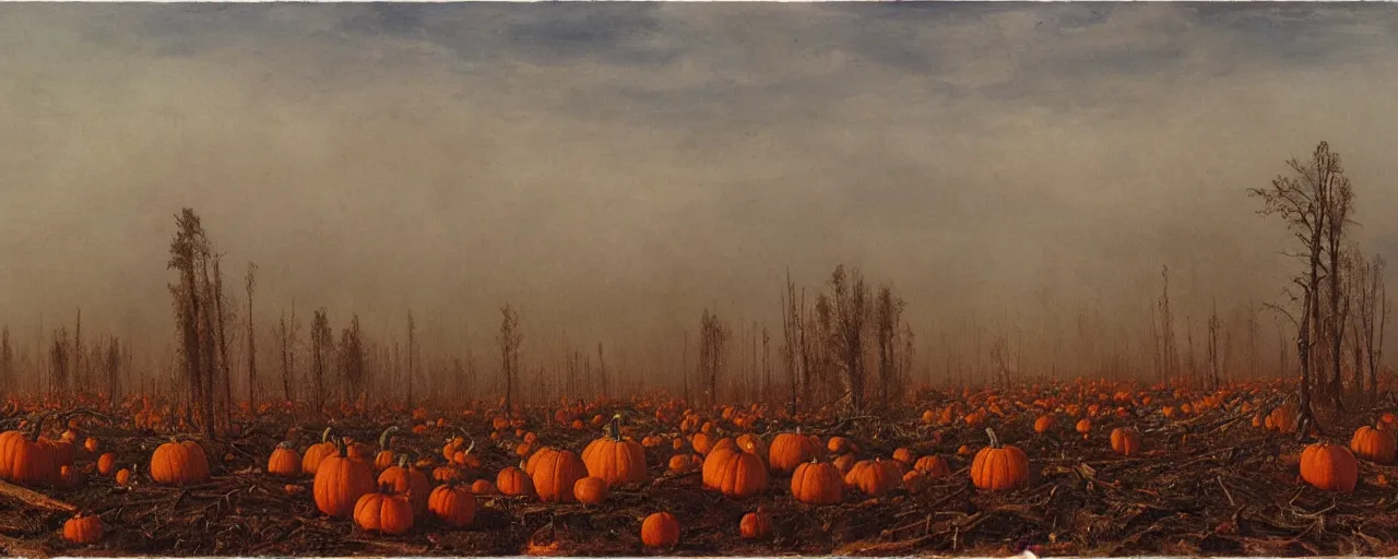 Prompt: a large pumpkin patch surrounded by dead trees in a spooky fog shrouded landscape, fall, matte painting, by Isaac Levitan, Frederic Church and Vasily Perov