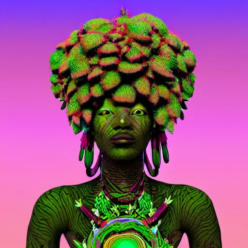 Image similar to female african marijuanna! shaman with an afro made of flowers, third eye art art by machina infinitum, complexity from simplicity, rendered in octane, mandelbulb 3 d, ambient occlusion, macro photography, felt!!! texture, tribal, neon! retrowave