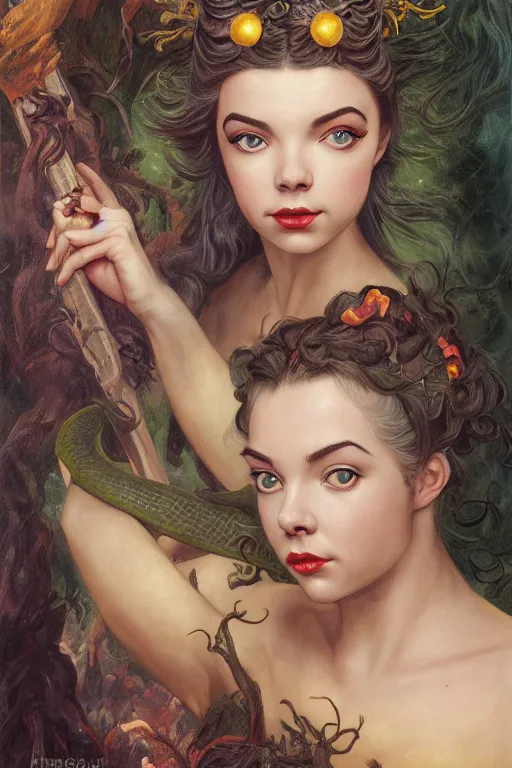 Image similar to A fantasy comic book style portrait painting of Anya Taylor-Joy, Elizabeth Taylor, hybrid, as an Atlantean Reptilian Warrior, François Boucher, Oil Painting, Mystical Valkyrie, unreal 5, DAZ, hyperrealistic, octane render, Regal, Refined, Detailed Digital Art, RPG portrait, William-Adolphe Bouguereau, Michael Cheval, Walt Disney (1937), Steampunk, dynamic lighting, Highly Detailed, Cinematic Lighting, Unreal Engine, 8k, HD