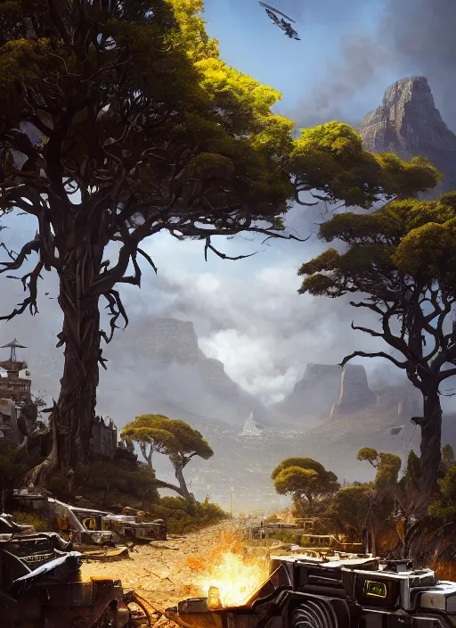 Image similar to hyper realistic robot attacking cape town city beautiful details, gnarly trees, strong composition, poster painted by greg rutkowski, concept art, arcane style, hearthstone wizards of the coast norman rockwell, james gurney and greg rutkowski weta studio, and lucasfilm and best of artstation