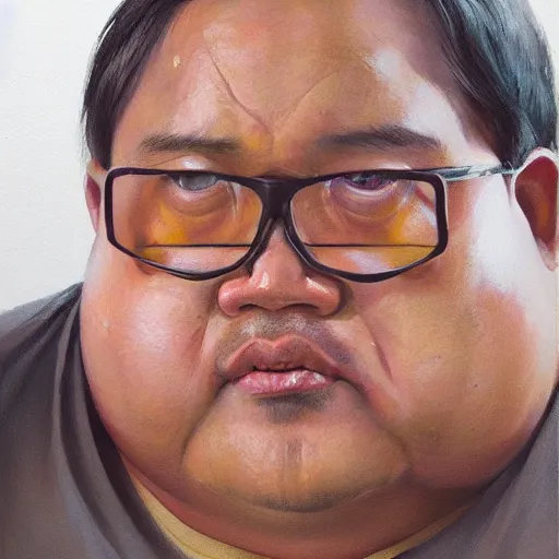 Image similar to hyper realistic, portrait of filipino dwight shrute, extremely obese painted by greg rutkowski, wlop, loish,