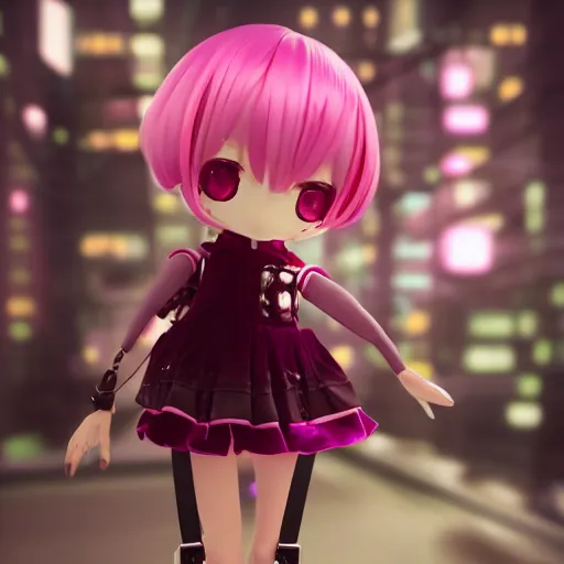 Prompt: cute fumo plush of a girl with prosthetic mechanical arms, pink velvet dress, bokeh, cyberpunk anime girl, vray