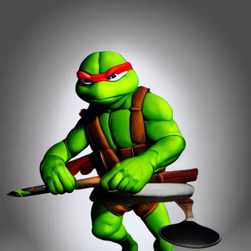 Image similar to teenage mutant ninja turtle with frying pan, wearing chef hat, frying nails, volumetric lighting, realistic, photo, artstation