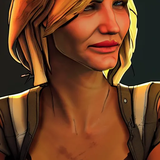 Image similar to cameron diaz portrait, borderlands, tales from the borderlands, the wolf among us, comic, cinematic lighting, studio quality, 8 k