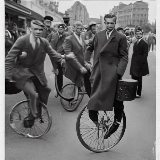 Prompt: 1930 style street photography with Geert Wilders riding a unicycle while bystanders look shocked