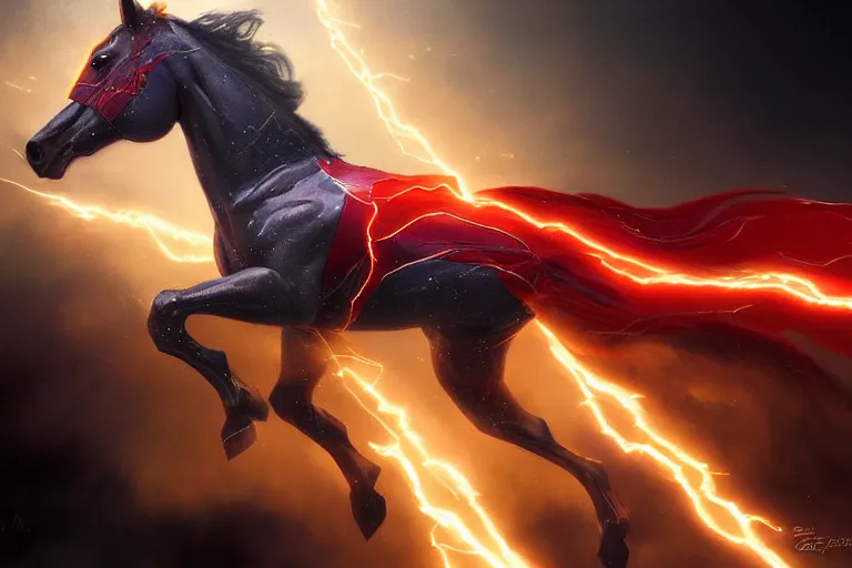 Image similar to a stunning digital painting of a horse as the flash in costume running in the speedforce by greg rutkowski, volumetric light, digital art, fine detail, photorealistic