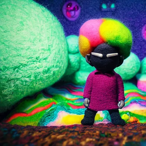 Prompt: a wide angle portrait of a black boy with a colorful afro in a miniature candy forest, neon magic mushrooms with eyes by goro fujita, mark ryden and lisa frank, felt texture, volumetric wool felting, radiant light, amigurumi, macro photography, miniature world, depth of field, breathtaking landscape, detailed environment