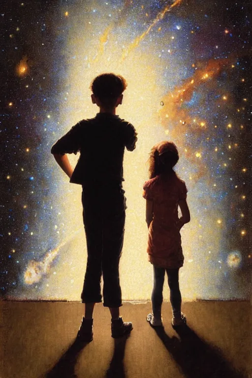 Image similar to a 1 2 year old boy and 1 0 year old girl looking at a wall and viewing the universe full of galaxies, part by norman rockwell, part by greg rutkowski, part by mattias adolfsson, high angle, ( ( ( ( volumetric lighting ) ) ) ), oil on canvas