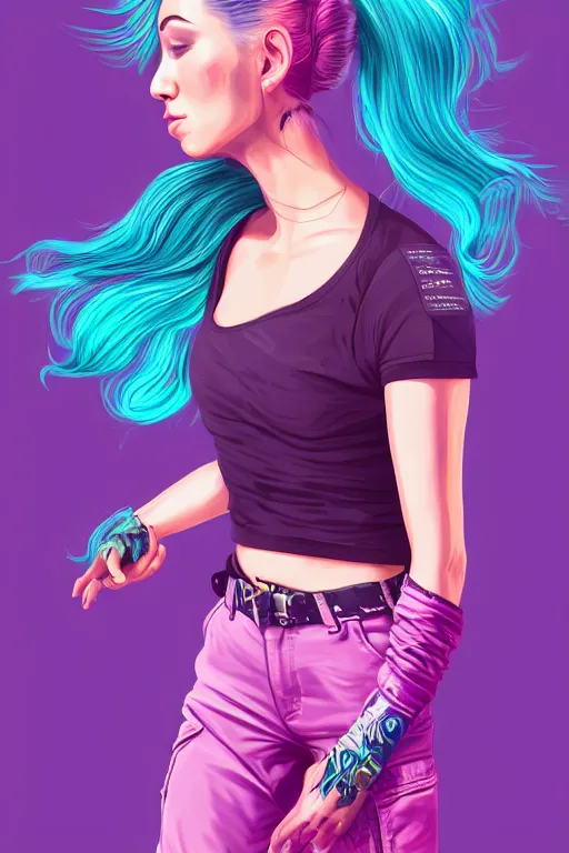 Image similar to a award winning half body portrait of a beautiful woman in a croptop and cargo pants with ombre purple pink teal hairstyle with head in motion and hair flying by wlop, outrun, vaporware, shaded flat illustration, digital art, trending on artstation, highly detailed, fine detail, intricate