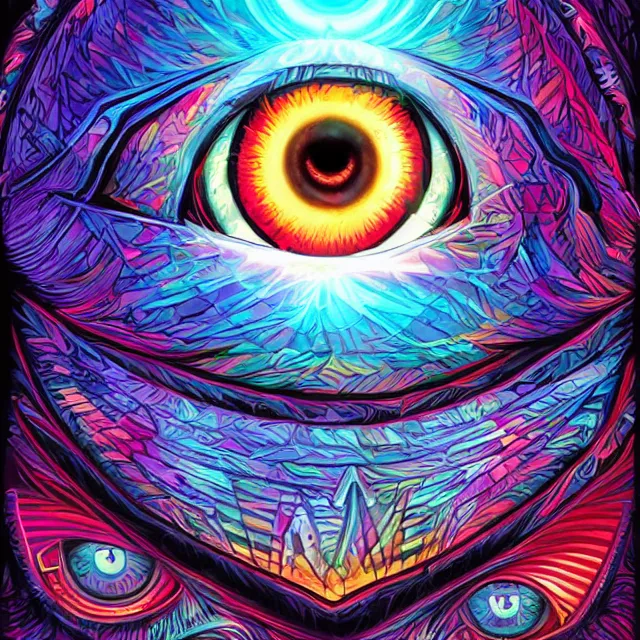 Prompt: hypnotizing and hallucinating eye, eye of horus, illuminati eye, colorful, sharp and focus, ultra detailed, beautifully lit, in the art style of dan mumford and marc simonetti