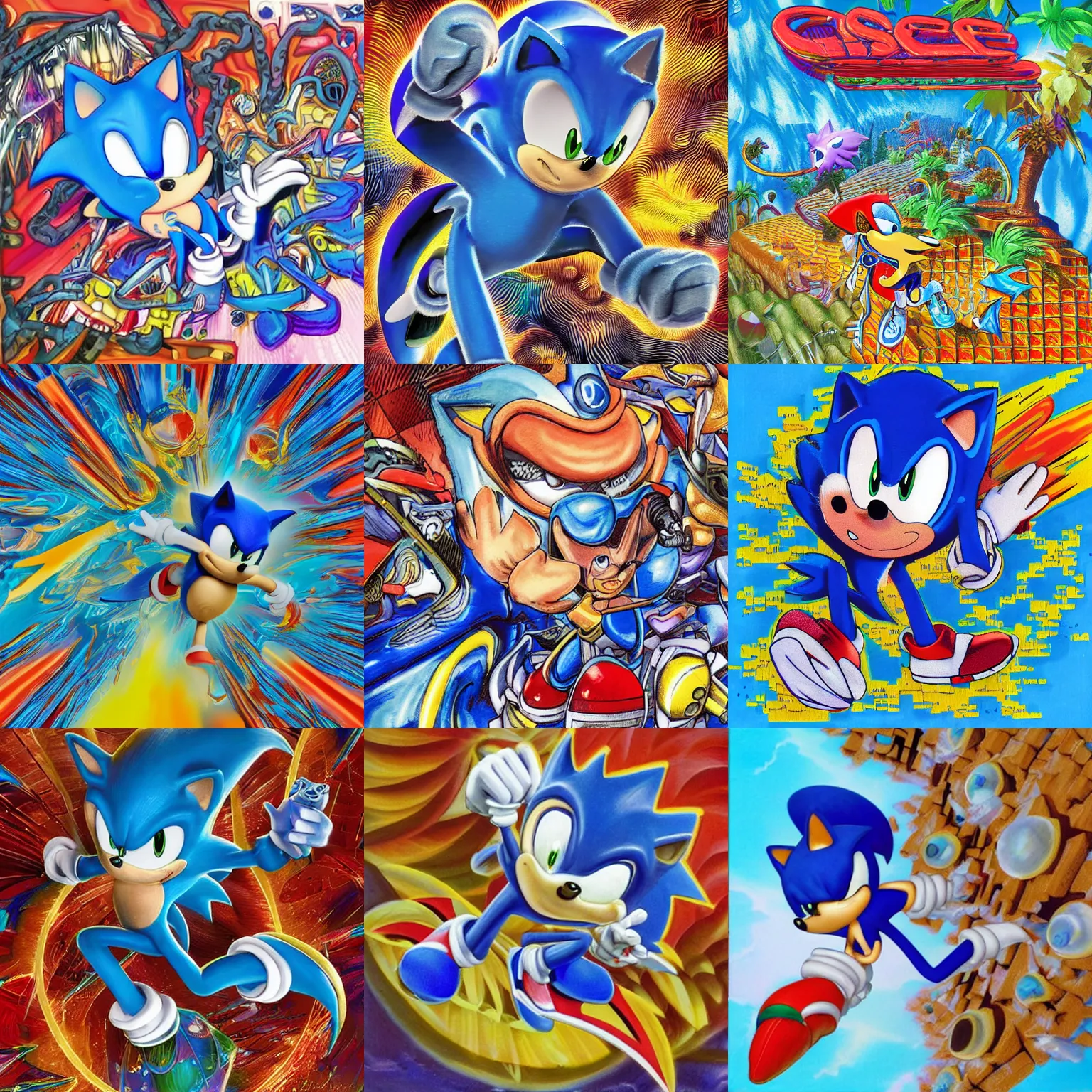 Prompt: sonic the hedgehog in a surreal, sharp, detailed professional, high quality airbrush art MGMT album cover of a liquid dissolving LSD DMT blue sonic the hedgehog surfing through cyberspace, checkerboard background, 1990s 1992 Sega Genesis video game album cover