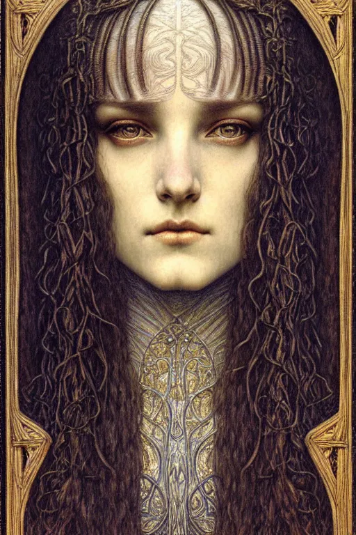 Image similar to detailed realistic beautiful young medieval queen face portrait by jean delville, gustave dore and marco mazzoni, art nouveau, symbolist, visionary, gothic, pre - raphaelite. horizontal symmetry